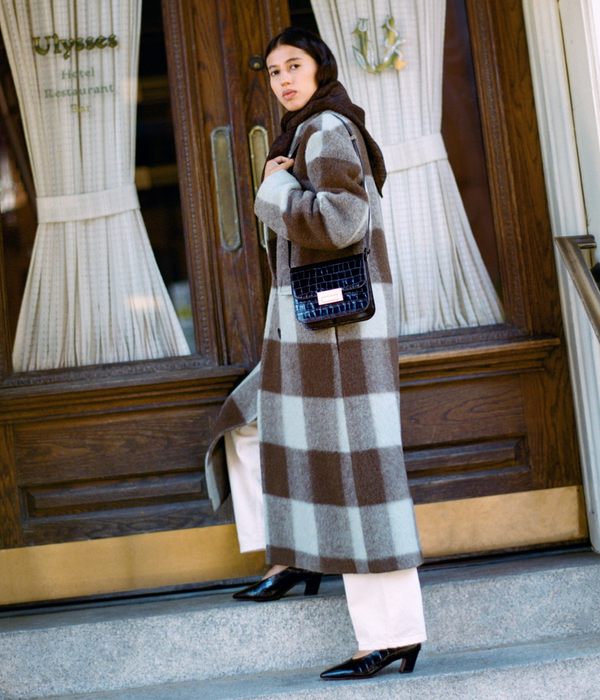 Finley Wool Coat in brown/mint gingham wool, Winona Denim Pant in natural denim, and Neive Crocodile Leather Low Pump - Loeffler Randall