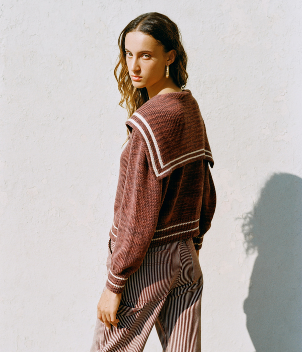 Cove Sweater in brown wool and Molly Workwear Jean in brown striped denim - Loeffler Randall