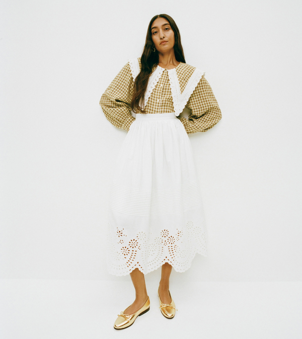 Ken Shirt in Brown Plaid, Tinsley Skirt in White and Noelle Champagne Leather Ballet Flat - Loeffler Randall