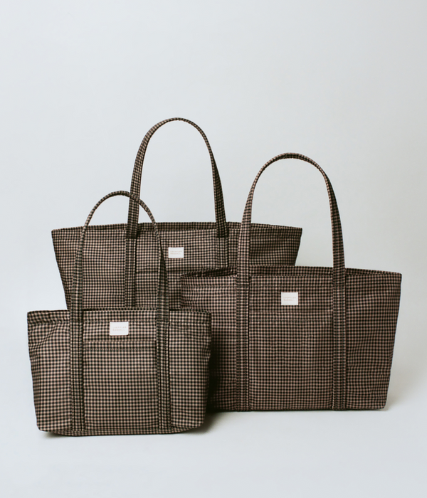 Dina Brown/Black Check Travel Tote, Mira Brown/Black Check Everyday Tote, and Lyla Brown/Black Check Essentials Tote - Loeffler Randall