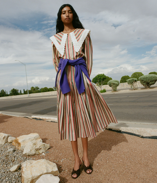 Ken Shirt in tan, red, and green striped cotton, Emlyn Skirt in tan, red, and green striped cotton, and Marsy Brown Suede Wedge Heel - Loeffler Randall