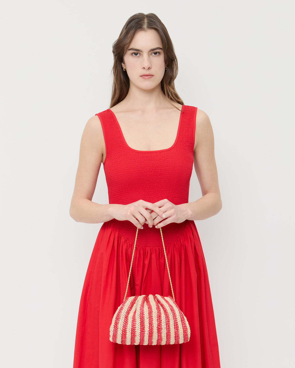 Bailey Red/Natural Crochet Clutch in red and tan striped raffia and Estelle Dress in red cotton.