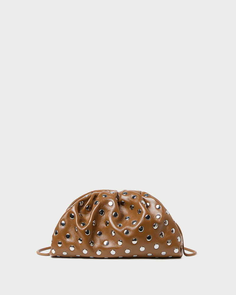 Bailey Safari/Silver Leather Dome Clutch in a safari tan leather with silver studs.