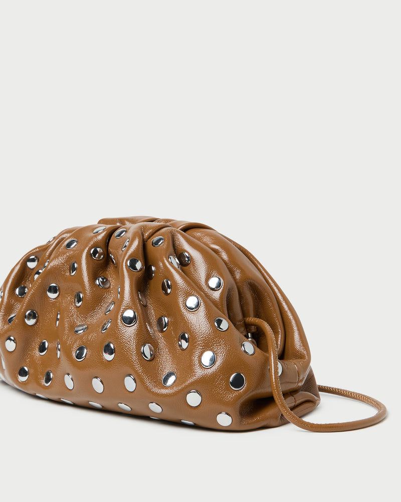 Bailey Safari/Silver Leather Dome Clutch in a safari tan leather with silver studs.