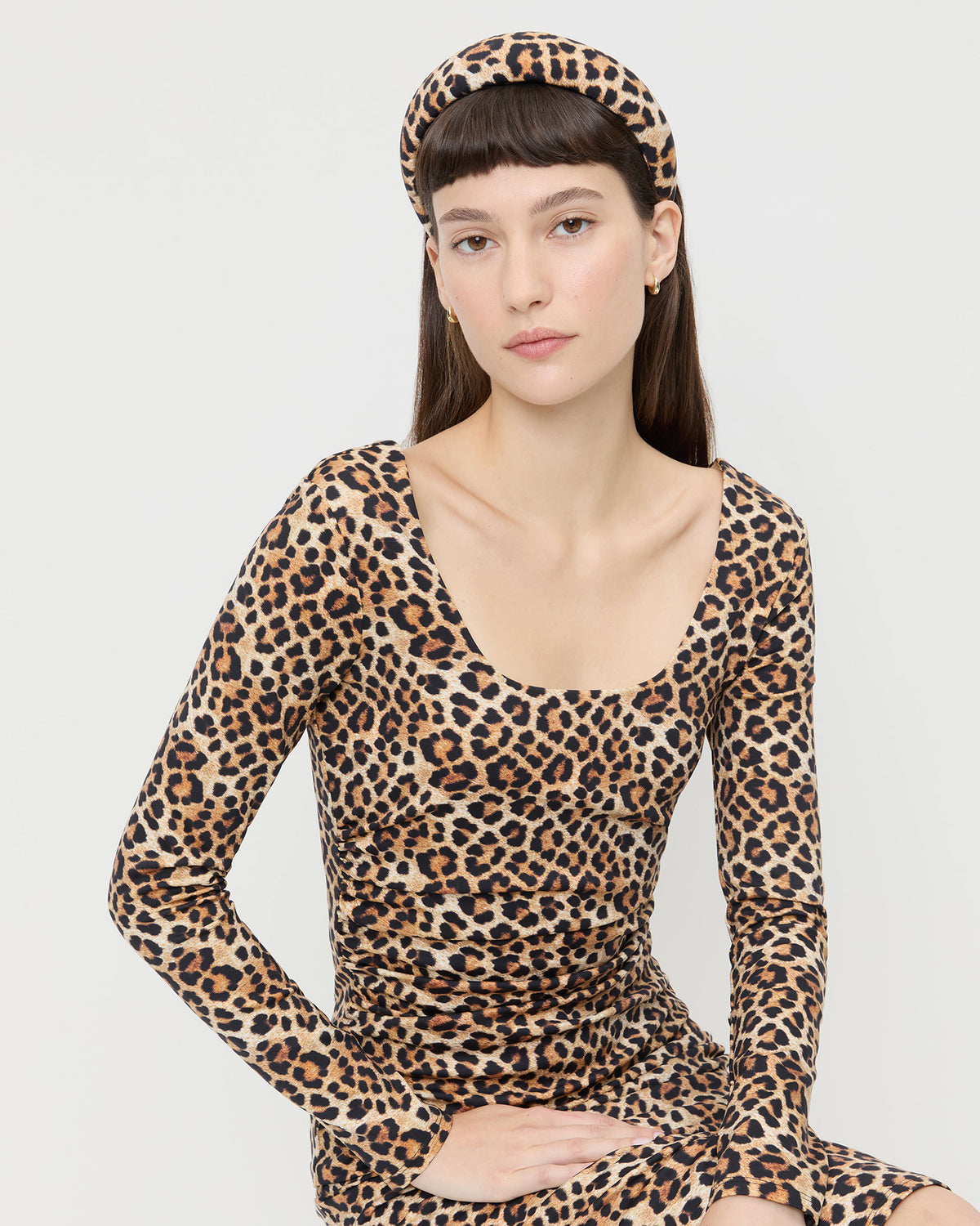 Bellamy Leopard Jersey Headband in leopard jersey fabric and Inaya Dress in leopard jersey fabric.