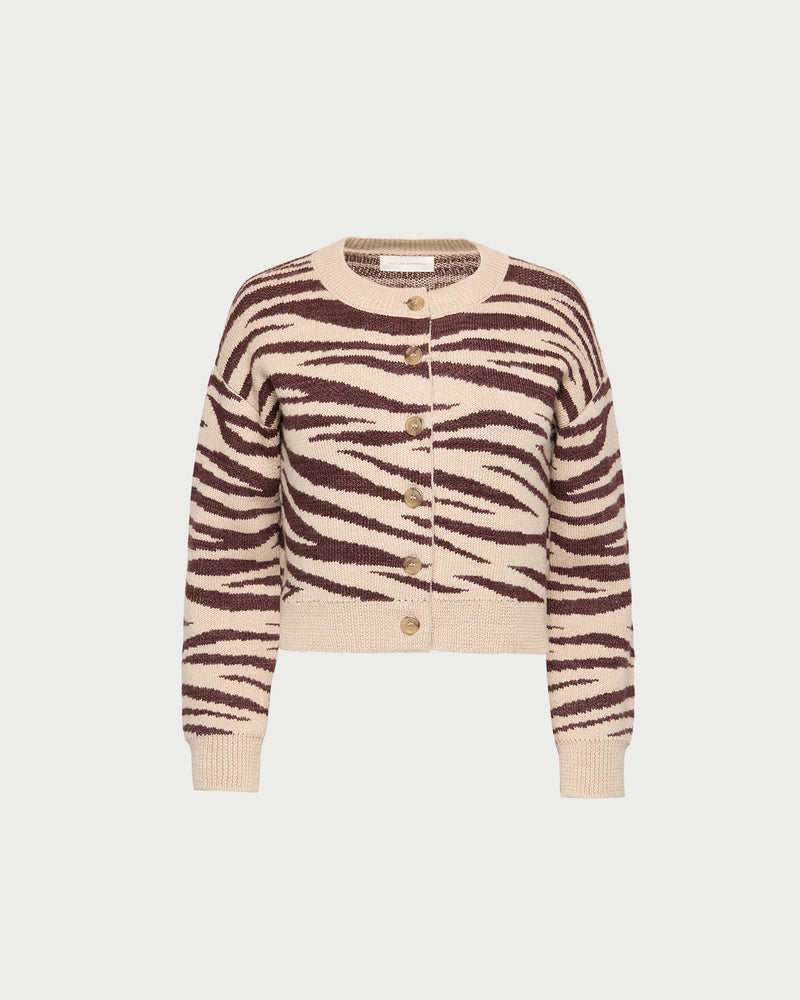 Bodhi Cardigan, knit cardigan in zebra jacquard wool.