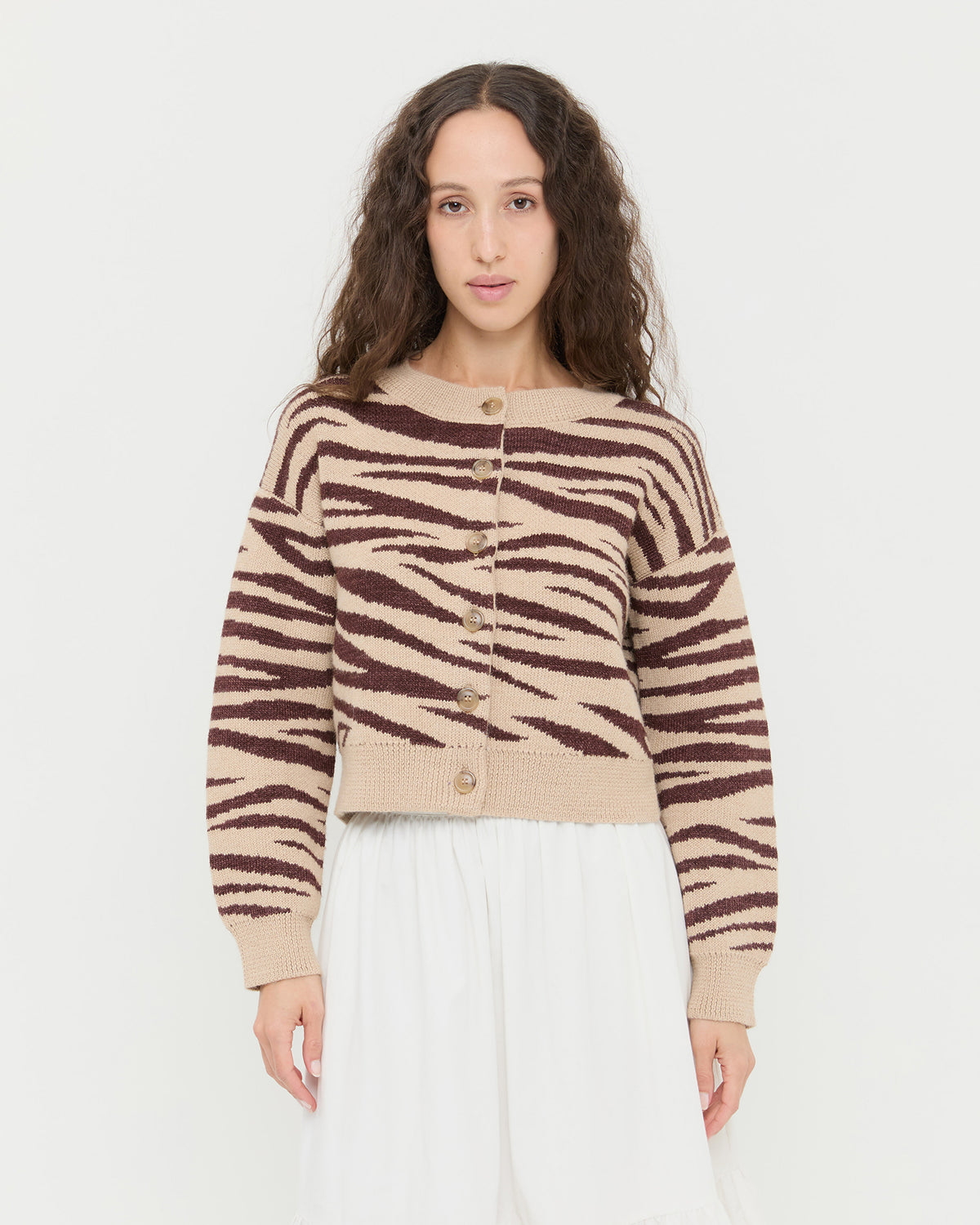 Bodhi Cardigan, knit cardigan in zebra jacquard wool and Delaney Skirt in cream cotton.