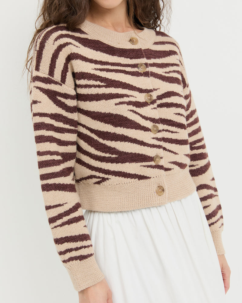 Bodhi Cardigan, knit cardigan in zebra jacquard wool and Delaney Skirt in cream cotton.