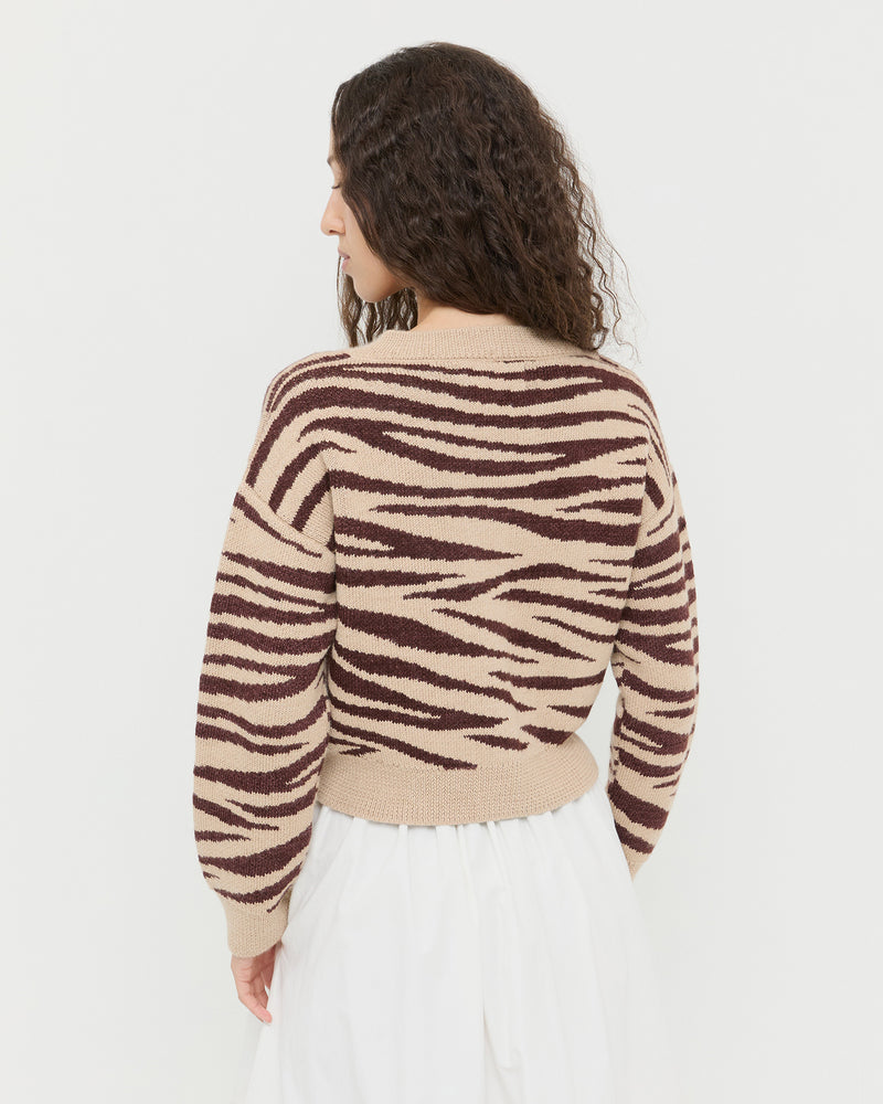 Bodhi Cardigan, knit cardigan in zebra jacquard wool and Delaney Skirt in cream cotton.