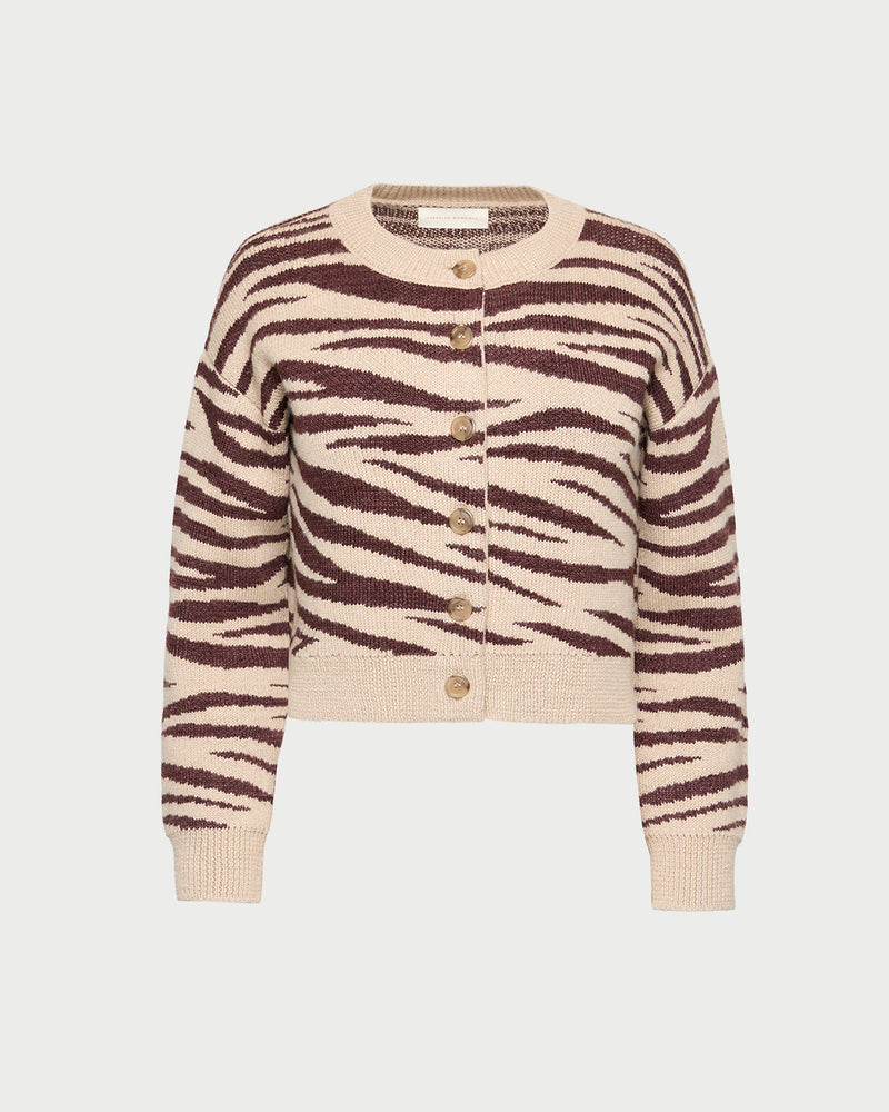 Bodhi Cardigan, knit cardigan in zebra jacquard wool.