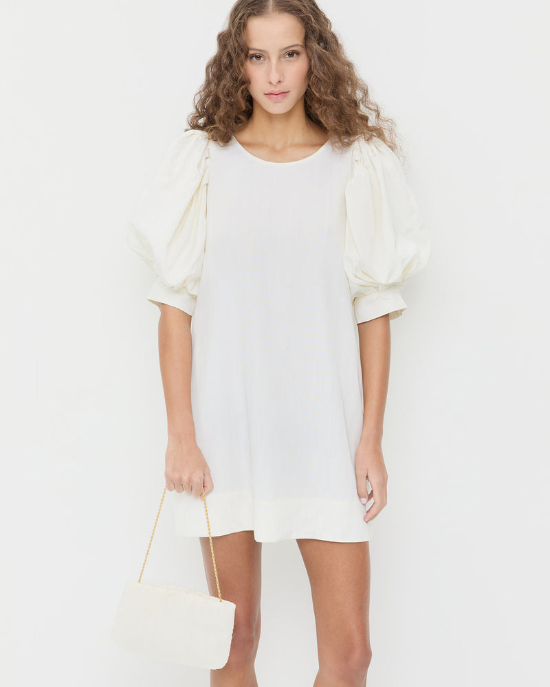 Brit Pearl Flat Pleated Clutch in pearl organza and Willy Mini Dress and white moire.