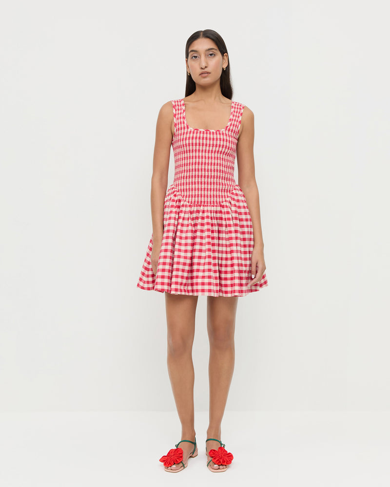 Brynne Mini Dress in red gingham cotton and Genevieve Red/Green Moiré Flower Sandal.