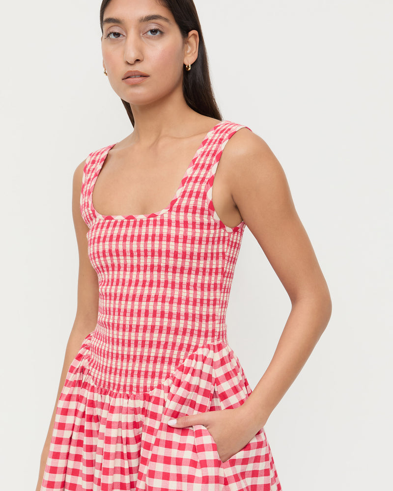 Brynne Mini Dress in red gingham cotton.