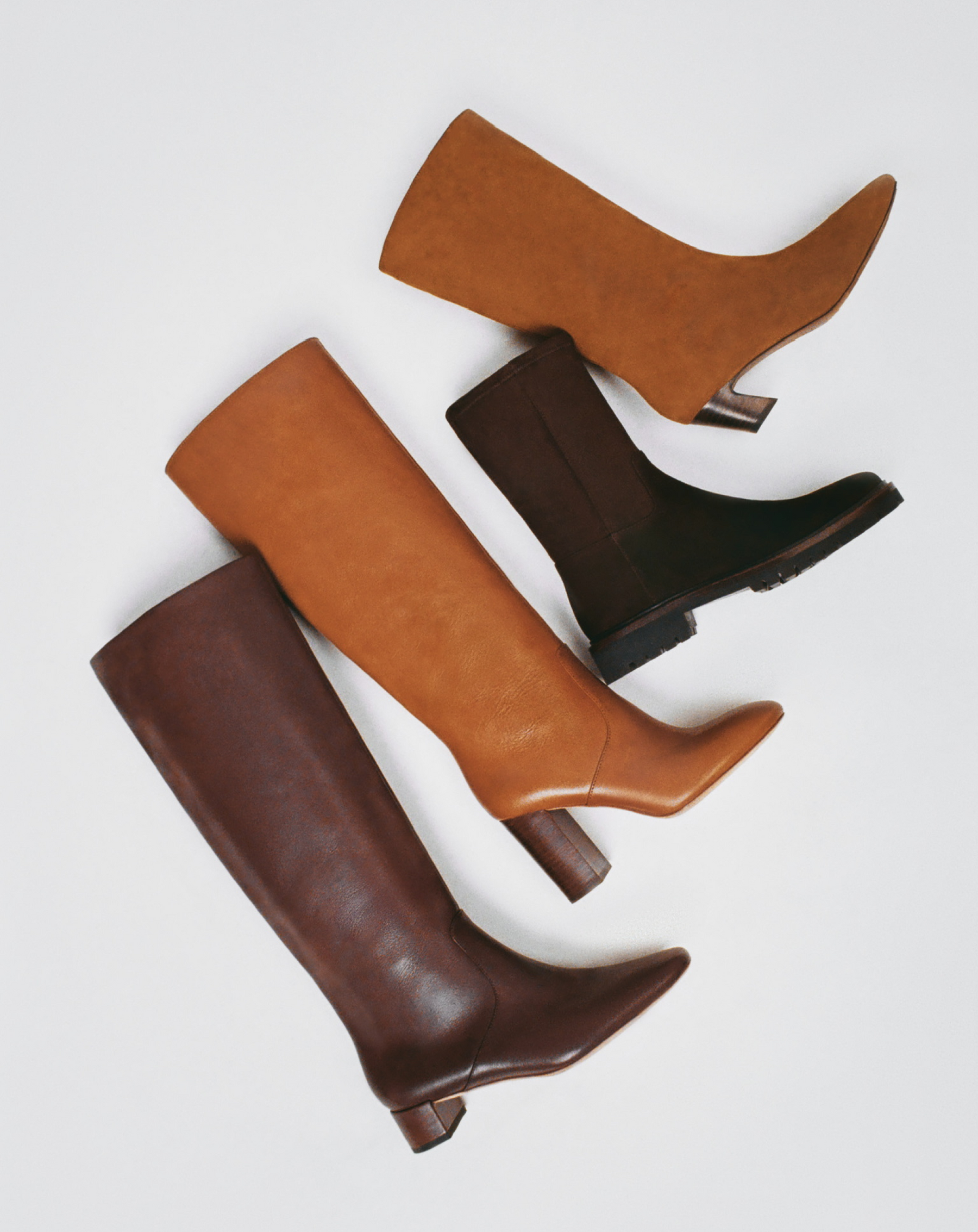 Indy Espresso Leather Tall Boot, Goldy Safari Leather Tall Boot, Danny Brown Suede Lug Boot, and Cleo Cacao Suede Mid-Calf Boot - Loeffler Randall