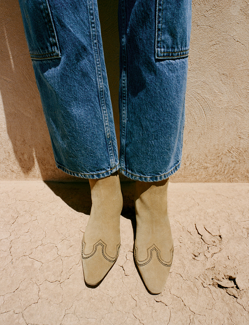 Molly Workwear Jean in medium washed denim, and Aspen Sand Suede Ankle Boot - Loeffler Randall