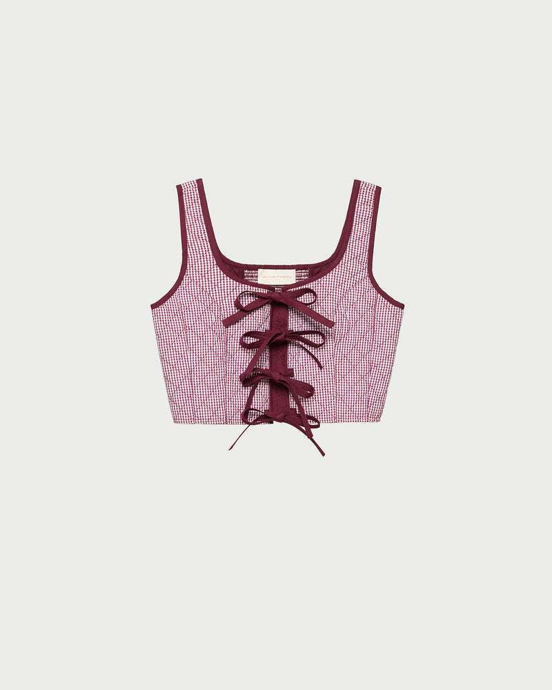 Callista Tie-Front Vest in quilted cotton maroon gingham.