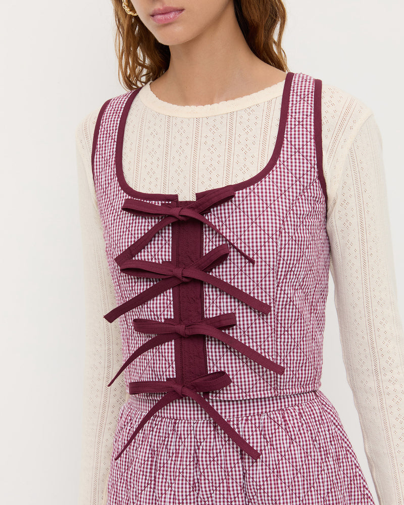 Callista Tie-Front Vest in quilted cotton maroon gingham.