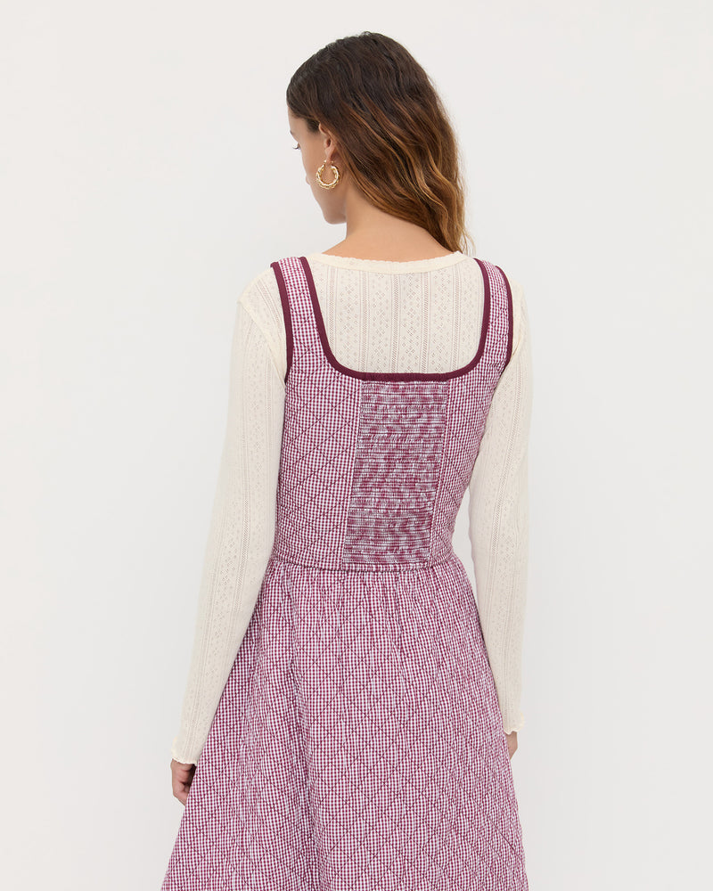 Callista Tie-Front Vest in quilted cotton maroon gingham.