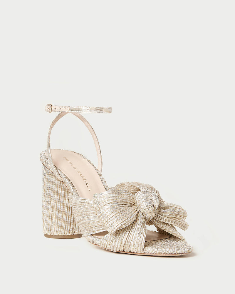Camellia Platinum Pleated Bow Heel in light champagne pleated lamé