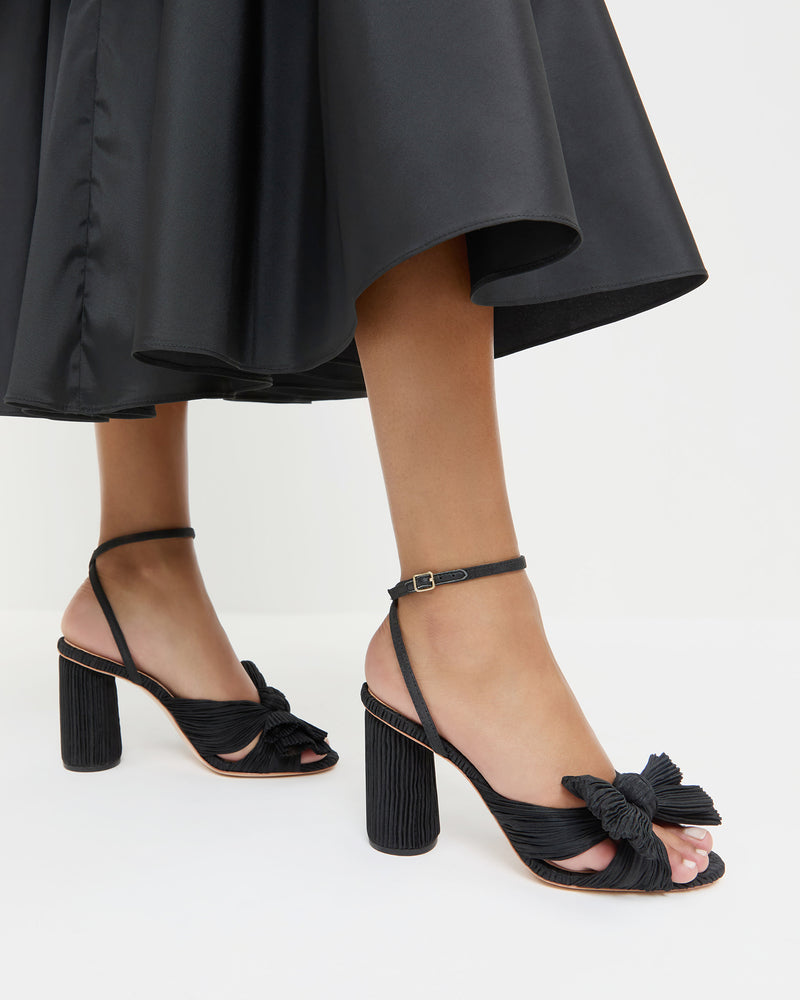 Camellia Black Pleated Bow Heel in black organza fabric and Sora Skirt in black taffeta.