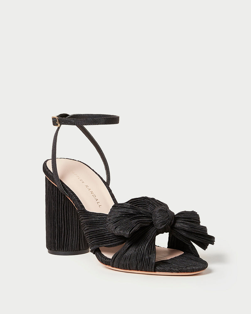 Camellia Black Pleated Bow Heel in black organza fabric.