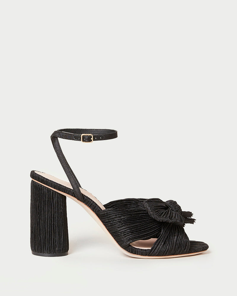Camellia Black Pleated Bow Heel in black organza fabric.
