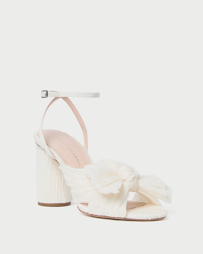 Camellia Pearl Pleated Bow Heel in pearl pleated fabric