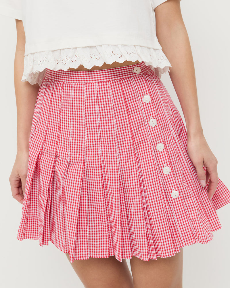 Caroline Mini Skirt in pleated red gingham cotton and Junie Lace Trim Tee in white cotton.