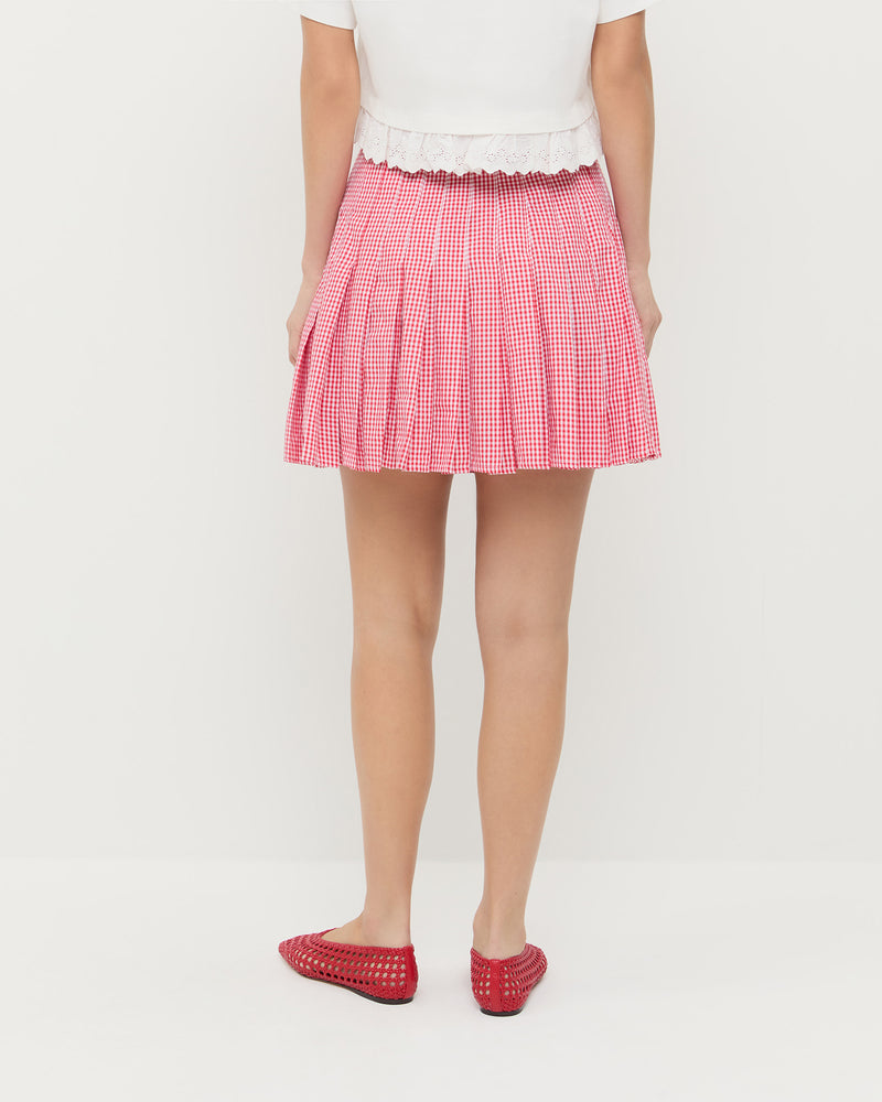 Caroline Mini Skirt in pleated red gingham cotton and Junie Lace Trim Tee in white cotton.