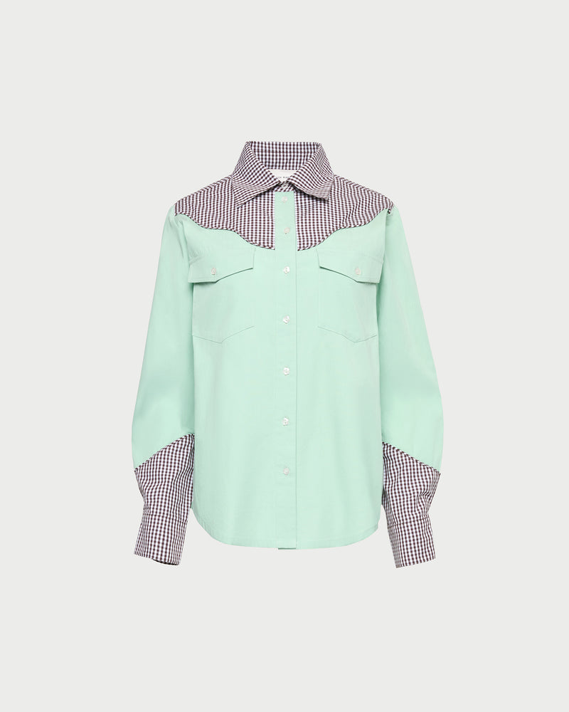 Casey Western-inspired shirt in mint and dark brown gingham cotton.