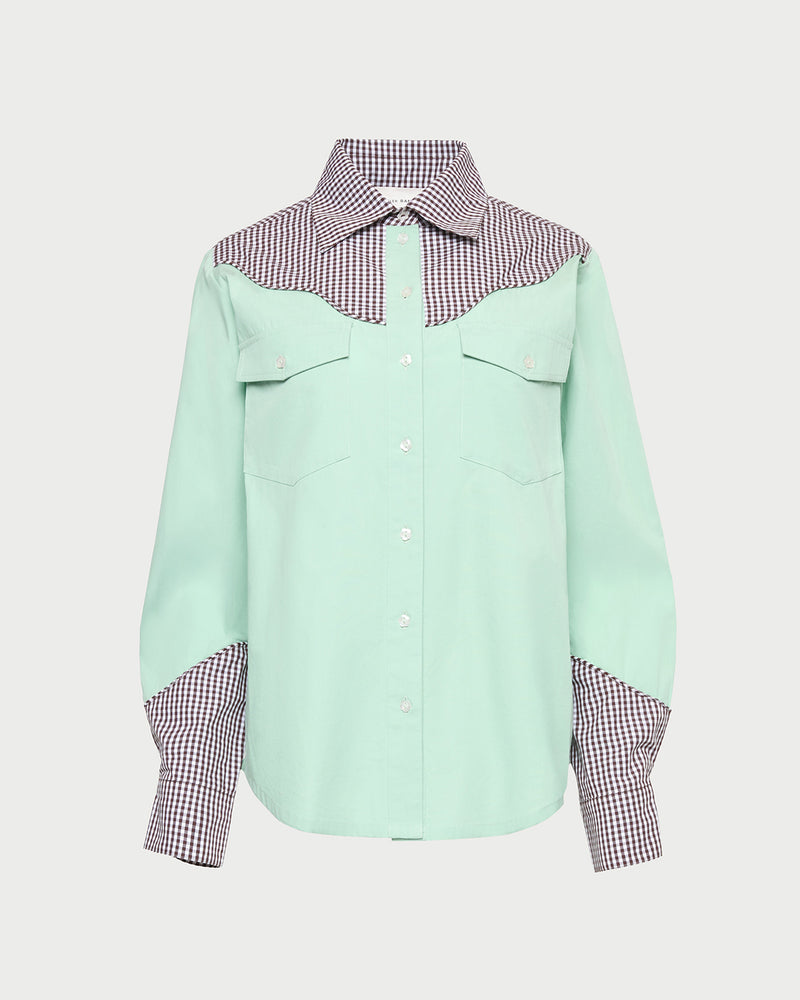 Casey Western-inspired shirt in mint and dark brown gingham cotton.