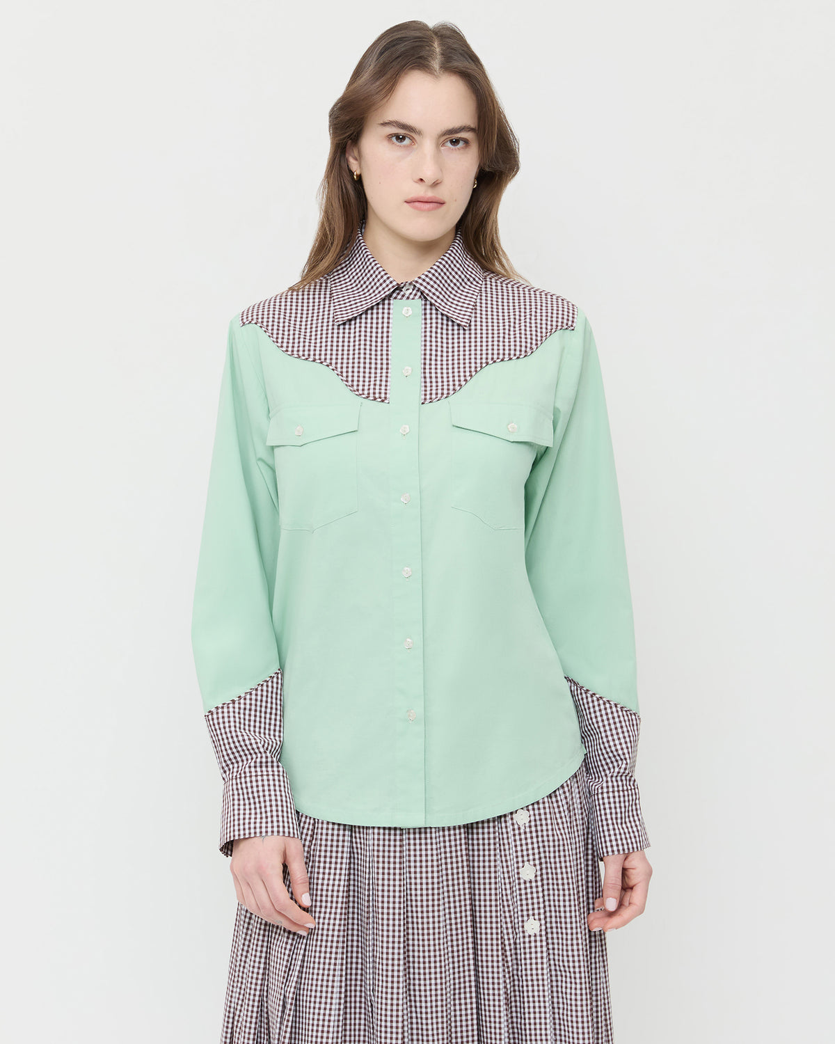 Casey Western-inspired shirt in mint and dark brown gingham cotton and Emlyn Midi Skirt in brown gingham.