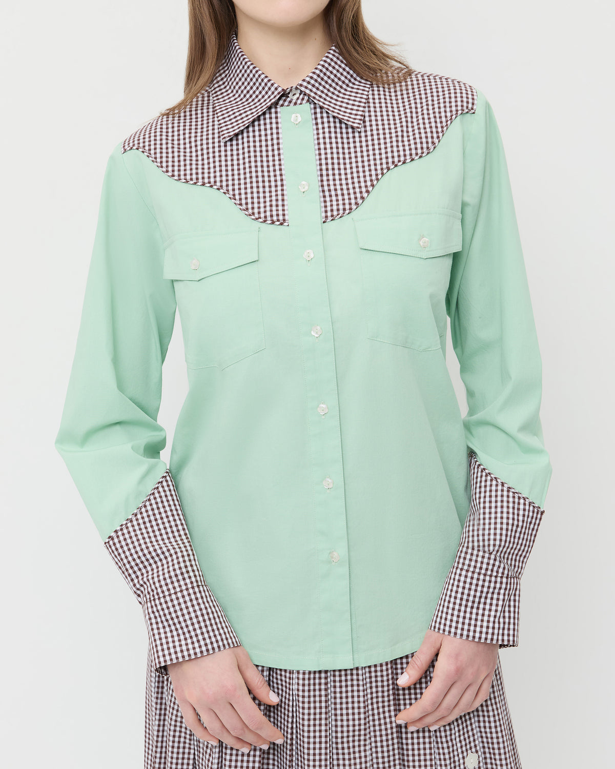 Casey Western-inspired shirt in mint and dark brown gingham cotton and Emlyn Midi Skirt in brown gingham.