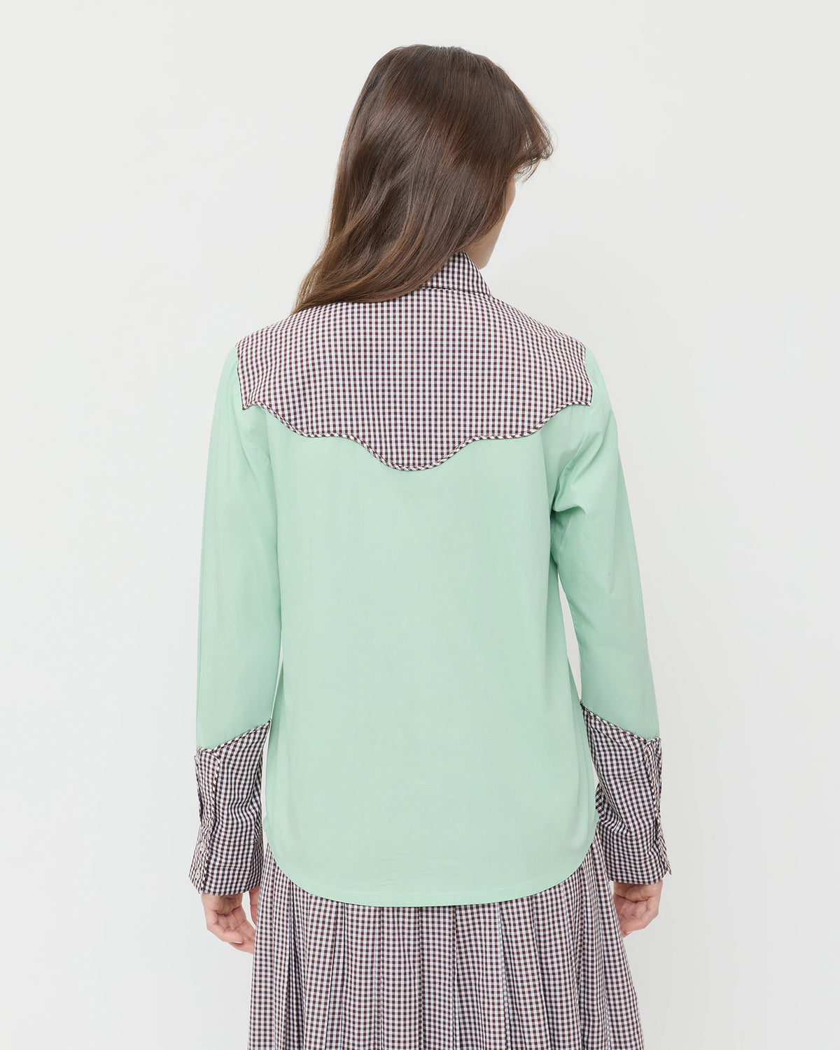 Casey Western-inspired shirt in mint and dark brown gingham cotton and Emlyn Midi Skirt in brown gingham.