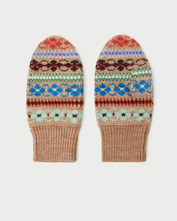 Cassie Camel Intarsia Wool Mitten in camel floral intarsia wool.