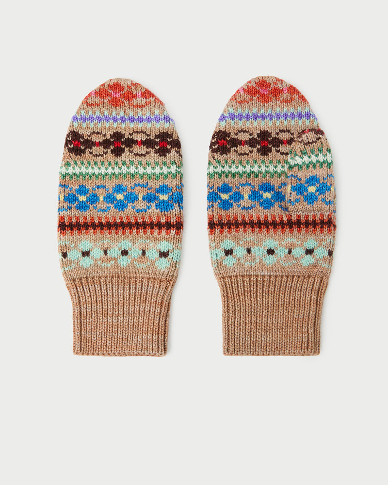 Cassie Camel Intarsia Wool Mitten in camel floral intarsia wool.