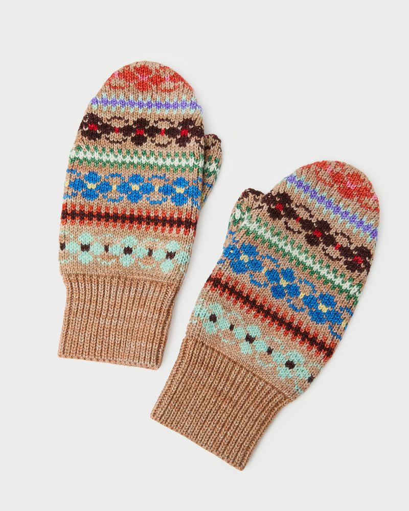 Cassie Camel Intarsia Wool Mitten in camel floral intarsia wool.