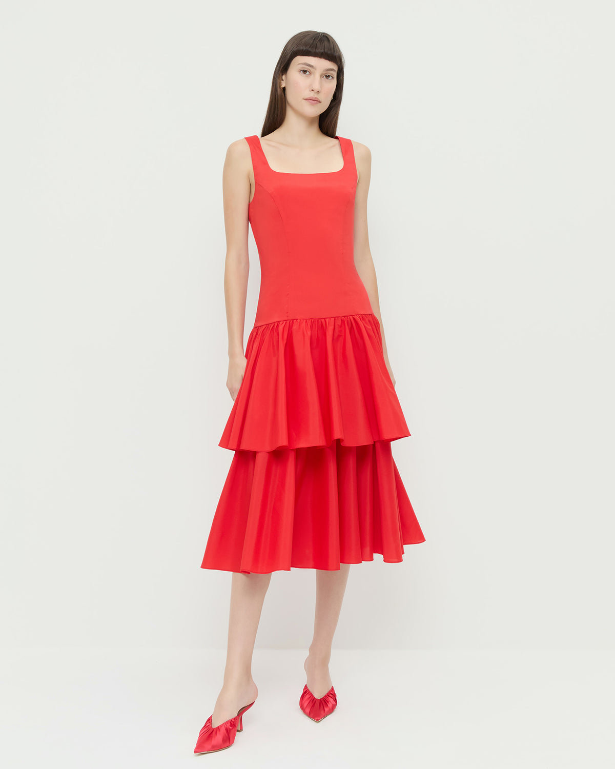 Celestina Dress in red taffeta and Inez Red Satin Mid-Heel Mule.