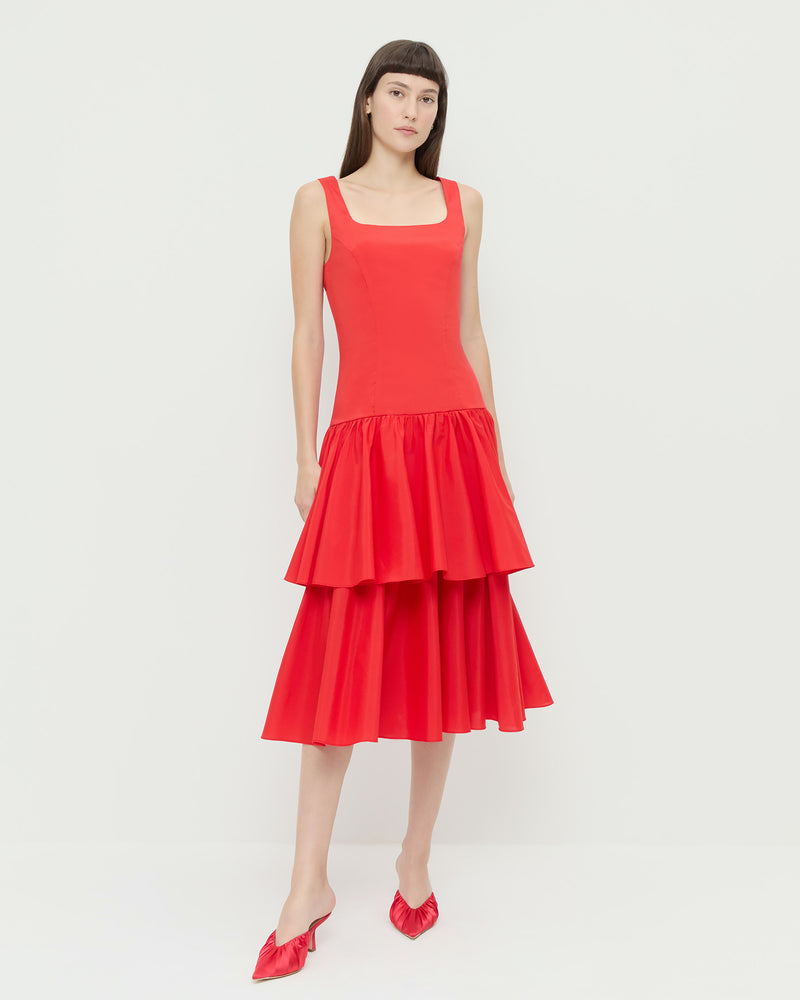 Celestina Dress in red taffeta and Inez Red Satin Mid-Heel Mule.