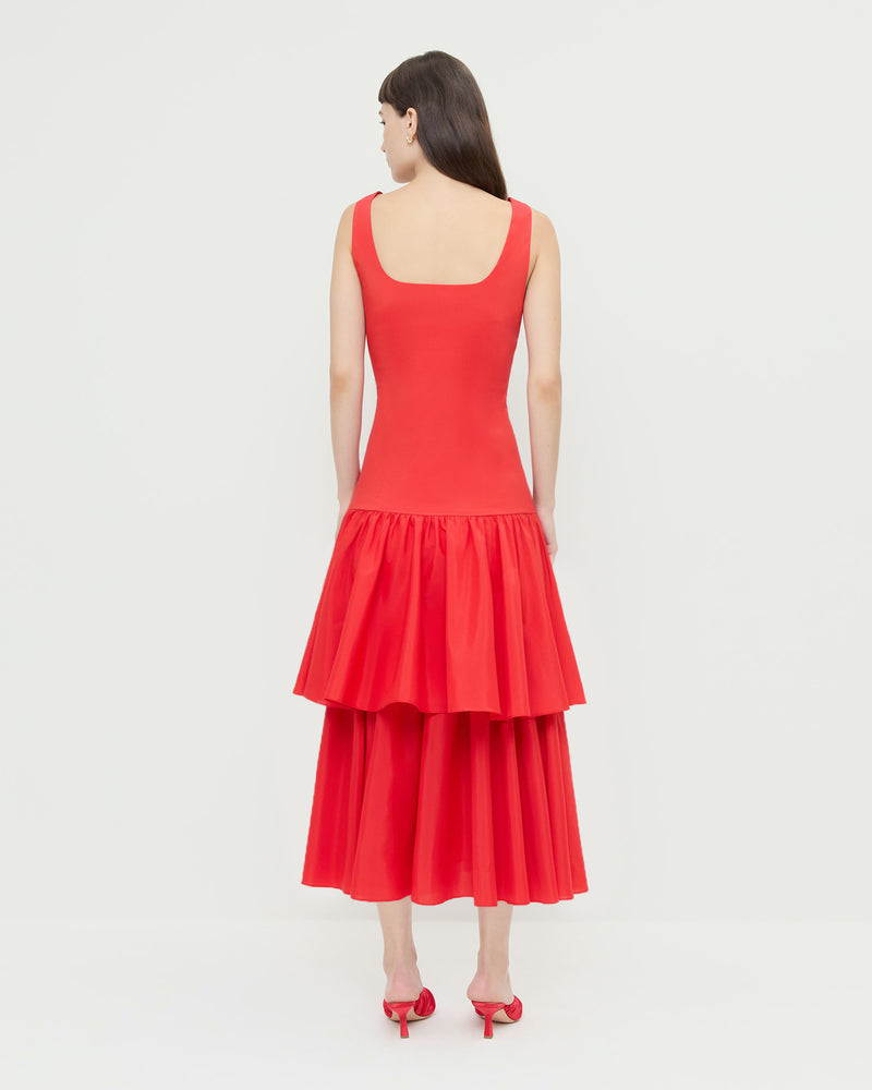 Celestina Dress in red taffeta and Inez Red Satin Mid-Heel Mule.