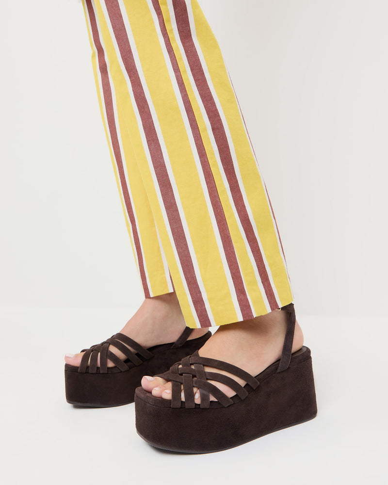 Channing Brown Suede Platform Sandal and Pasha Pant in yellow and brown striped cotton-linen fabric.