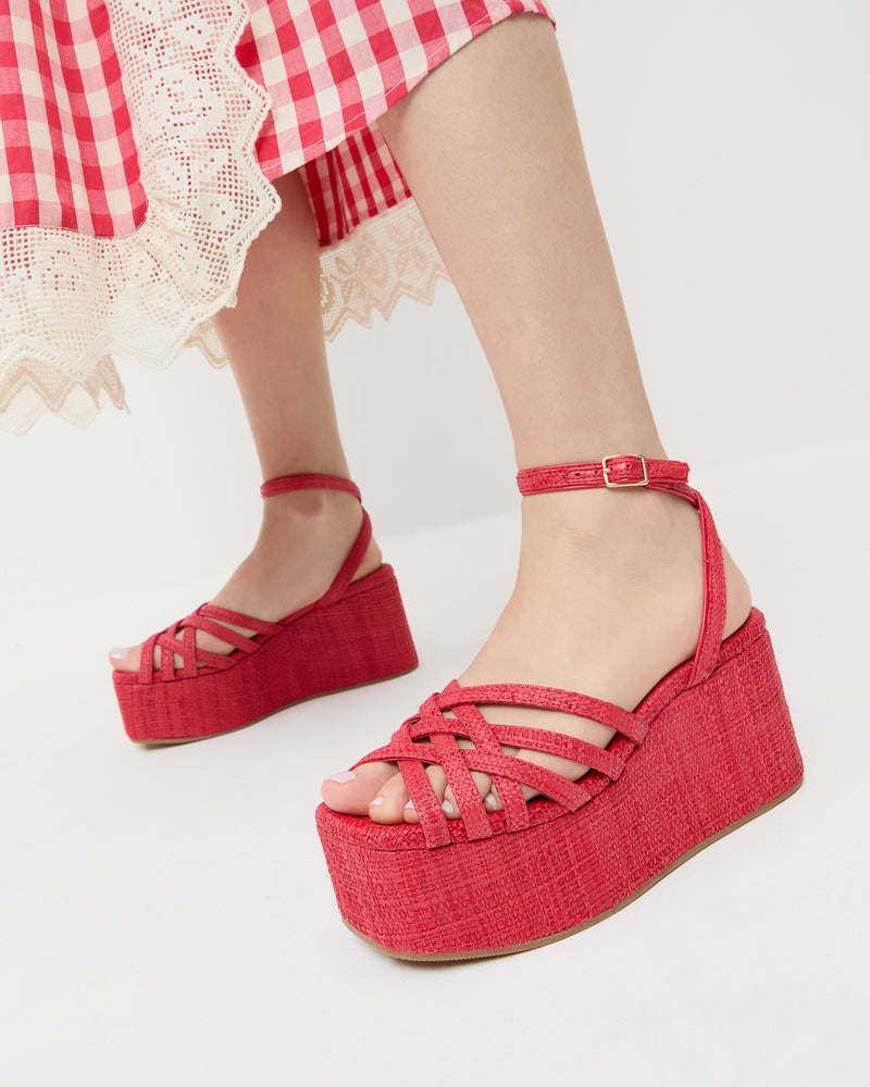 Channing Red Raffia Platform Sandal in red raffia and Poppy Lace Dress in red gingham cotton.