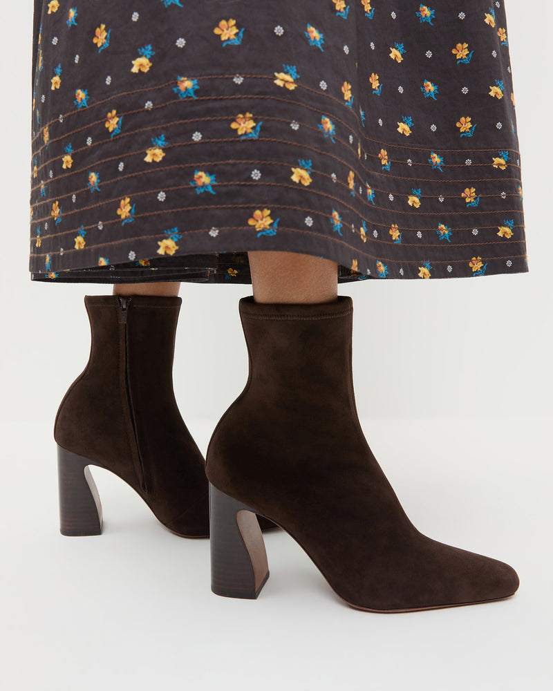 Chloe Brown Suede Ankle Boot in brown suede and Lilibeth Dress.