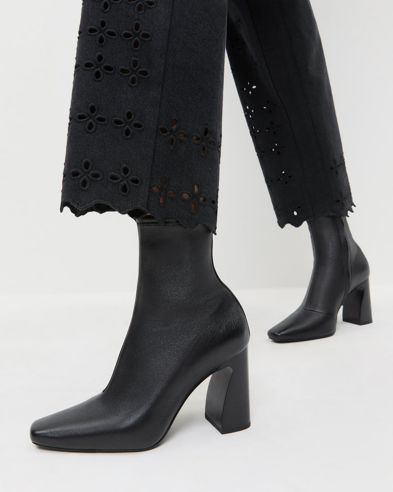 Chloe Black Leather Ankle Boot in black stretch leather and Demi Embroidered Pants in Black.