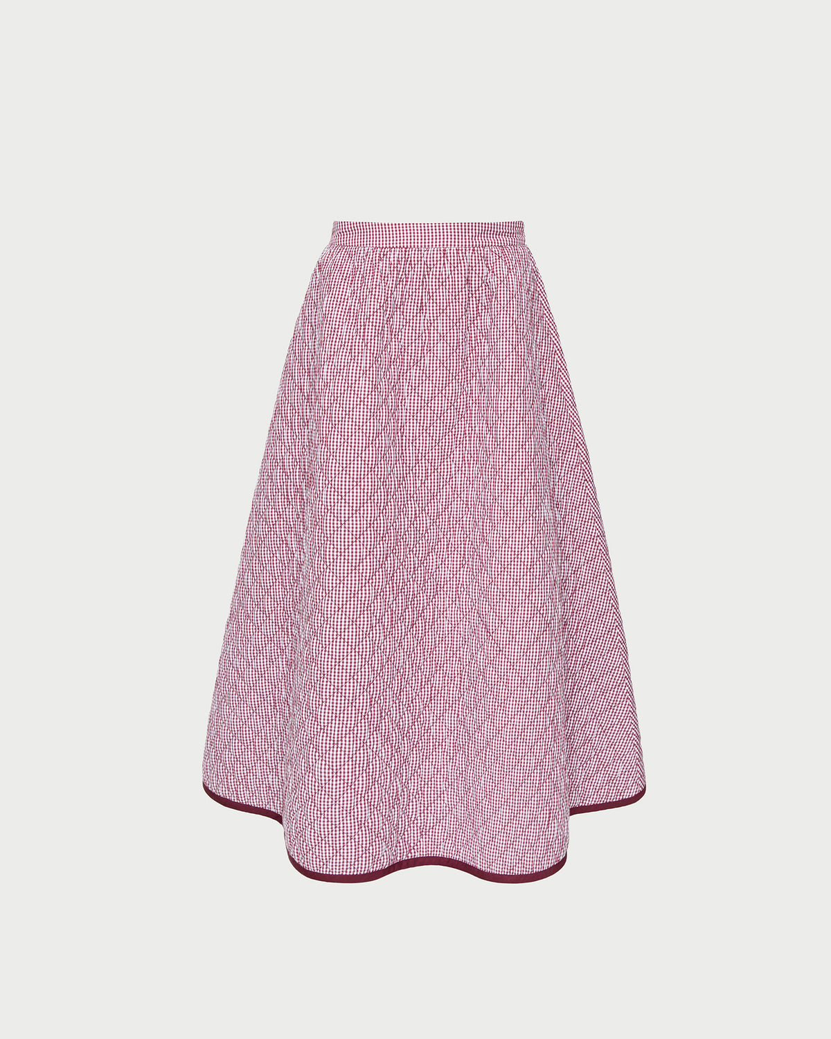 Clara Quilted Skirt in quilted cotton in maroon gingham.