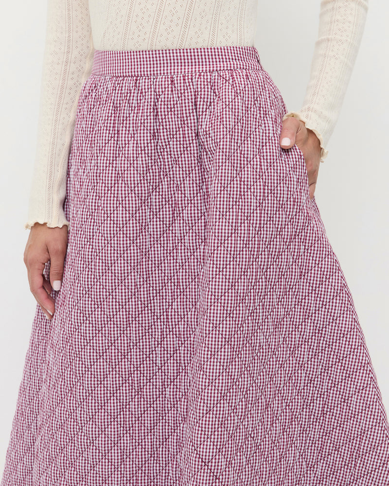 Clara Quilted Skirt in quilted cotton in maroon gingham.