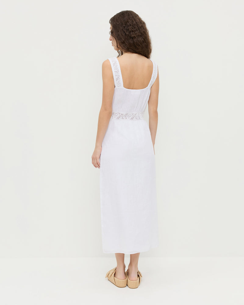 Clarissa Dress in white linen and Nico Natural Two−Band Sandal.