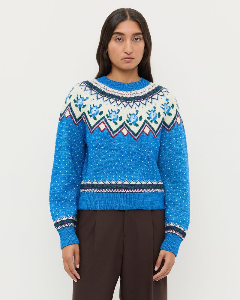 Clark Sweater in blue and cream floral wool.