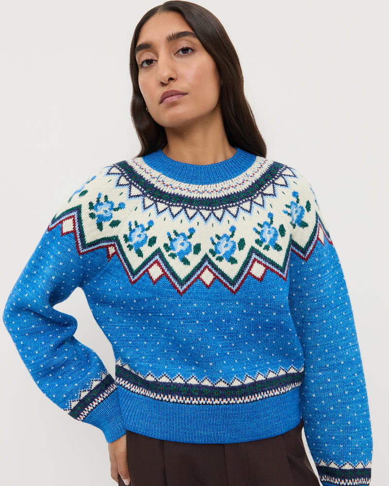 Clark Sweater in blue and cream floral wool.