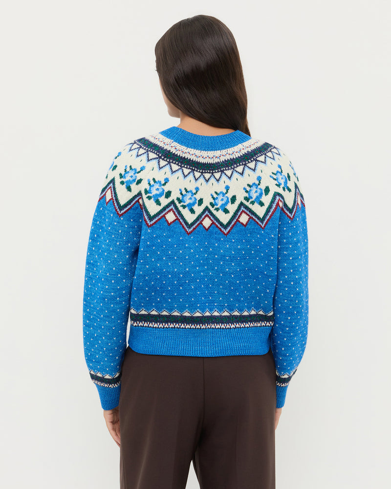 Clark Sweater in blue and cream floral wool.